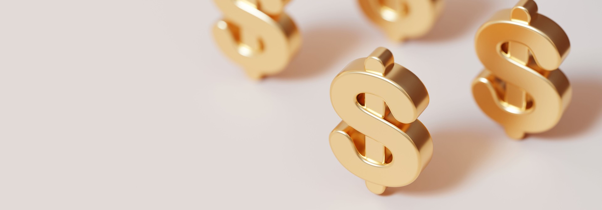 Golden dollar symbols in 3D design on minimalist beige background, perfect for financial, economic and business-themes. Ideal for advertisements, presentations, and digital content, luxury aesthetic.